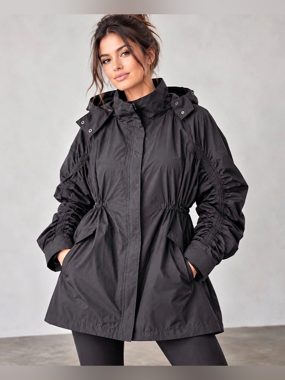 Fabletics Cinched-Waist Utility Jacket Black Utility Jacket Detachable Hoodie XX